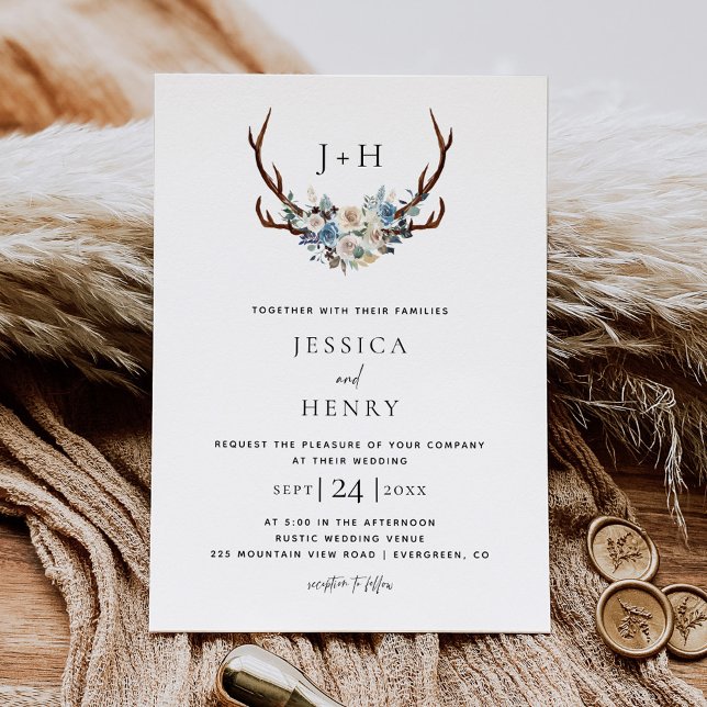 Rustic Blue Floral Stag Antlers Wedding  Invitation (Creator Uploaded)