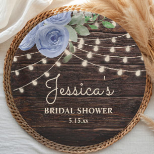 Rustic Blue Floral String Lights Bridal Shower Paper Plate