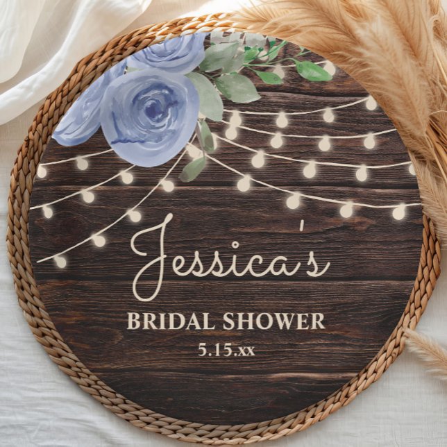 Rustic Blue Floral String Lights Bridal Shower Paper Plate (Dusty blue watercolor floral, string lights, and rustic wood bridal shower paper plate)