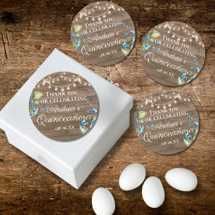 Rustic Blue Floral String of Lights Quinceañera Classic Round Sticker