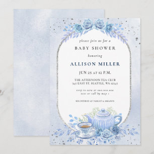 Rustic Blue Floral Tea Party Baby Shower  Invitation