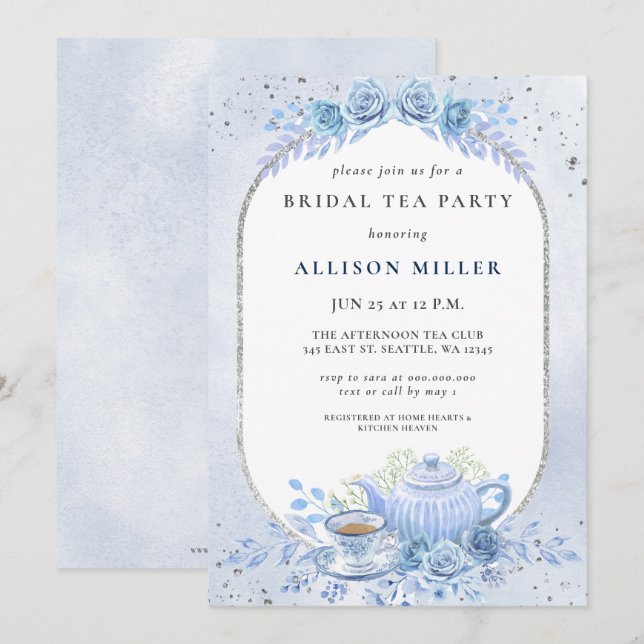 Rustic Blue Floral Tea Party Bridal Shower  Invitation (Front/Back)