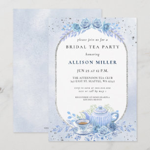 Rustic Blue Floral Tea Party Bridal Shower  Invitation