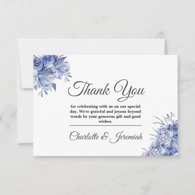 Rustic Blue Floral Watercolor Monogram Wedding Thank You Card | Zazzle