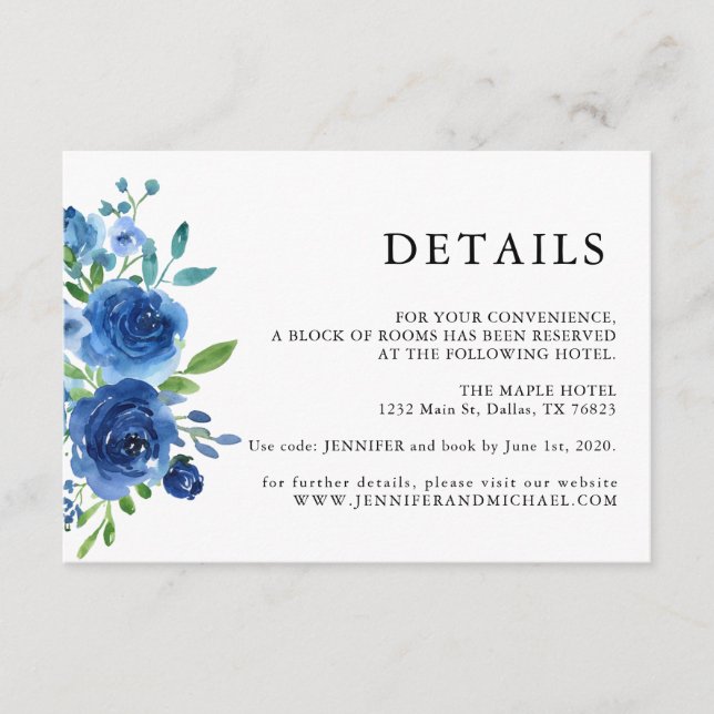 Rustic Blue Floral Wedding Details Enclosure Card (Front)