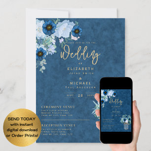 Rustic Blue Floral Wedding Instant Digital Invitation