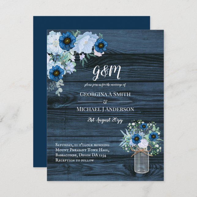 Rustic Blue Floral Wedding Invitations Mason Jar (Front/Back)