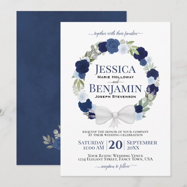 Rustic Blue Floral Wreath Elegant Boho Wedding Invitation (Front/Back)