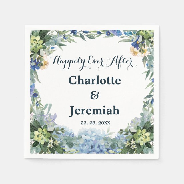 Rustic Blue Floral Wreath Greenery Wedding Napkin (Front)
