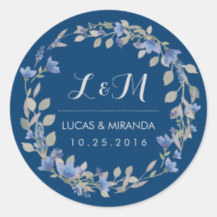 Rustic Blue Floral Wreath Wedding Favour Sticker