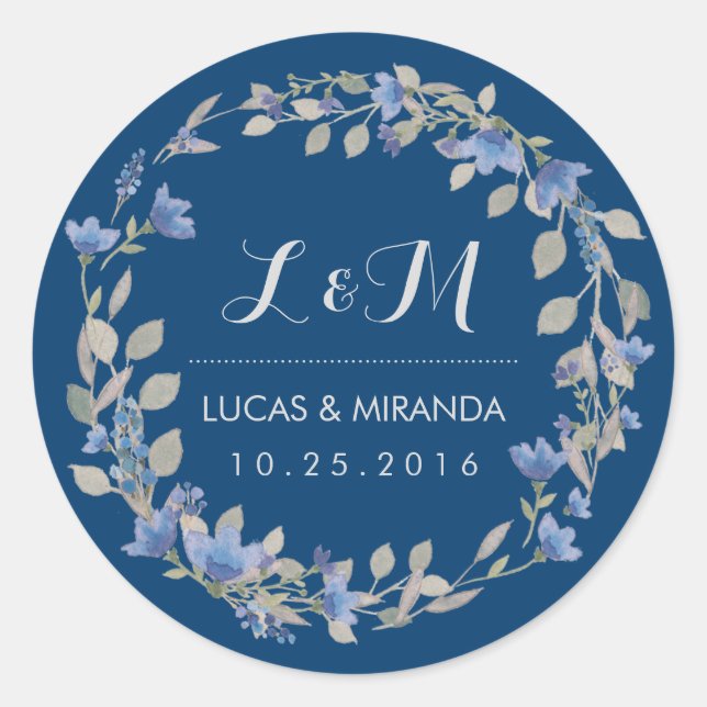 Rustic Blue Floral Wreath Wedding Favour Sticker (Front)