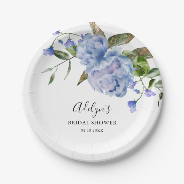 Rustic Blue Flower Greenery Bridal Shower Paper Plate (Front)