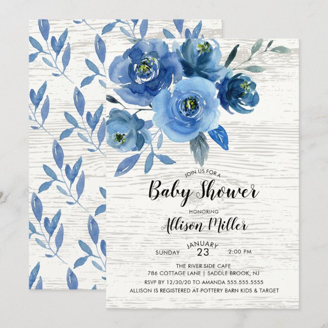 Rustic Blue Flowers Baby Shower Invitation (Front/Back)