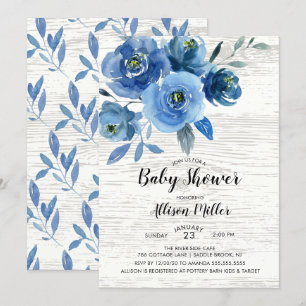Rustic Blue Flowers Baby Shower Invitation