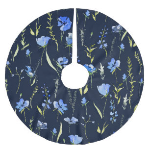 Rustic Blue Flowers: Botanical Illustration. Brushed Polyester Tree Skirt