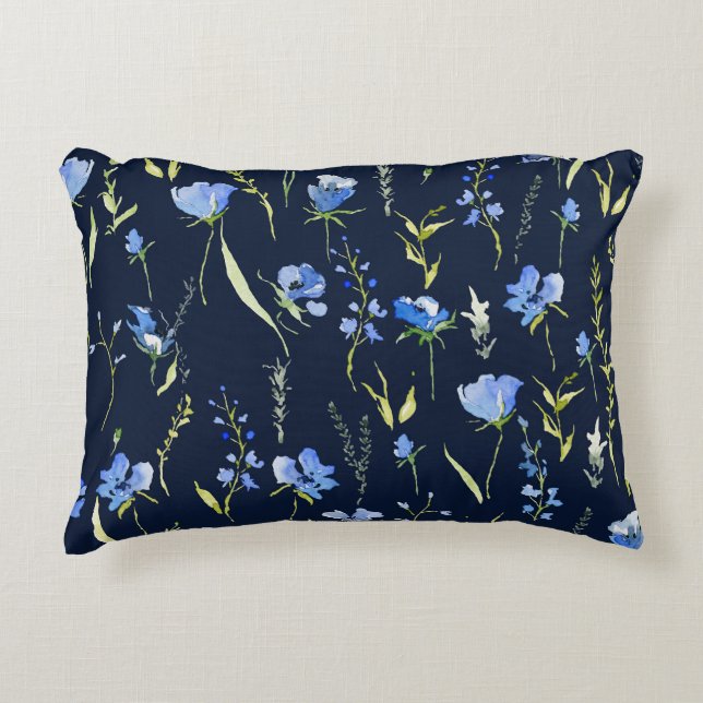 Rustic Blue Flowers: Botanical Illustration. Decorative Cushion (Front)