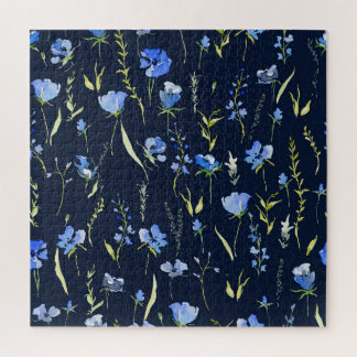 Rustic Blue Flowers: Botanical Illustration. Jigsaw Puzzle