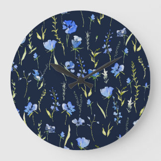 Rustic Blue Flowers: Botanical Illustration. Large Clock
