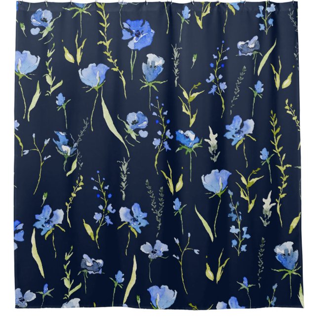 Rustic Blue Flowers: Botanical Illustration. Shower Curtain (Front)