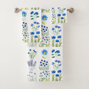 Rustic Blue flowers Cornflowers Watercolor Bath Towel Set