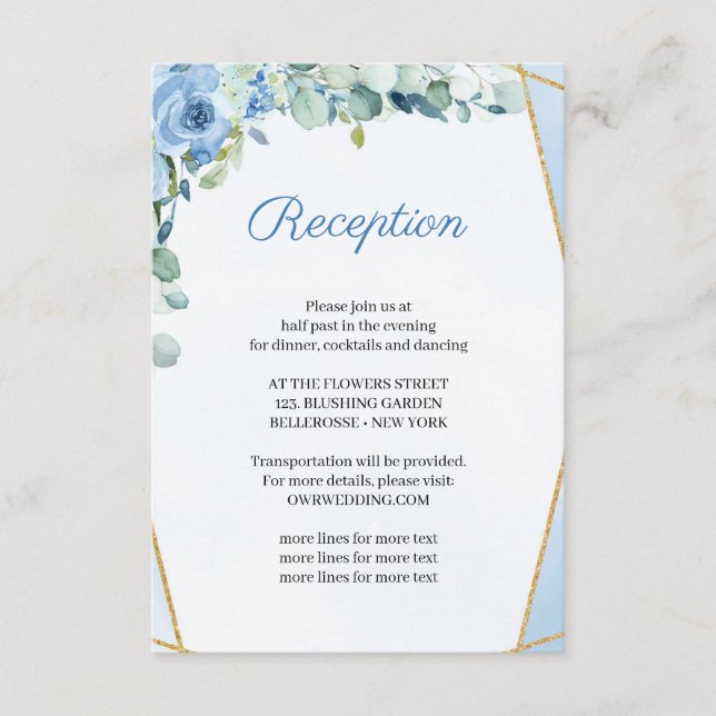 Rustic BLue Flowers Gold Frame Wedding Reception Enclosure Card (Front)