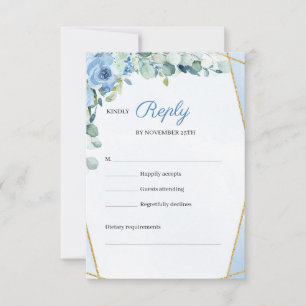 Rustic BLue Flowers Gold Geometric Frame Wedding RSVP Card