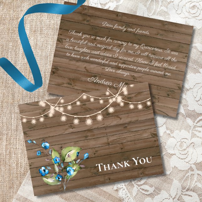 Rustic Blue Flowers String of Lights Quinceañera  Thank You Card (Creator Uploaded)