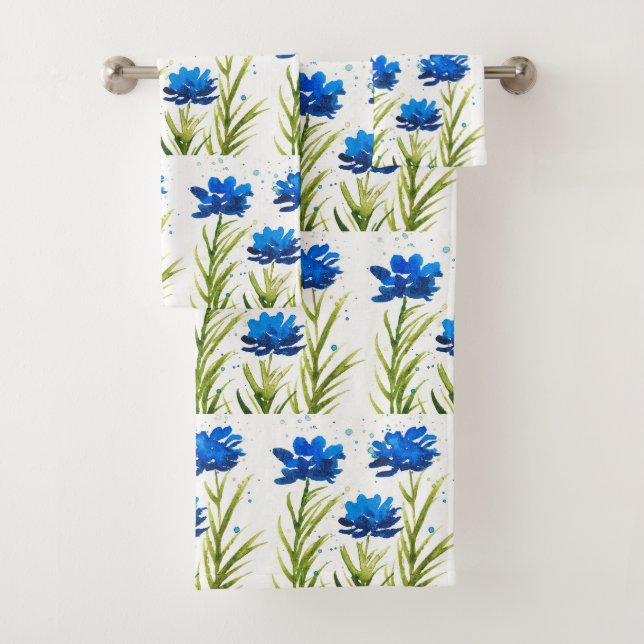 Rustic Blue flowers Wildflowers Watercolor Chic Bath Towel Set (Insitu)