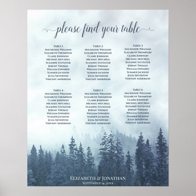 Rustic Blue Forest 6 Table Wedding Seating Chart (Front)