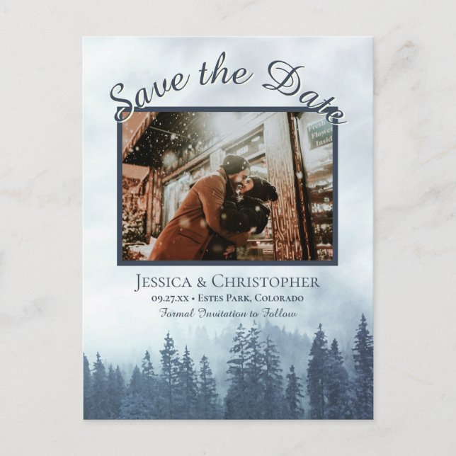 Rustic Blue Forest Wedding Save the Date Photo Announcement Postcard (Front)