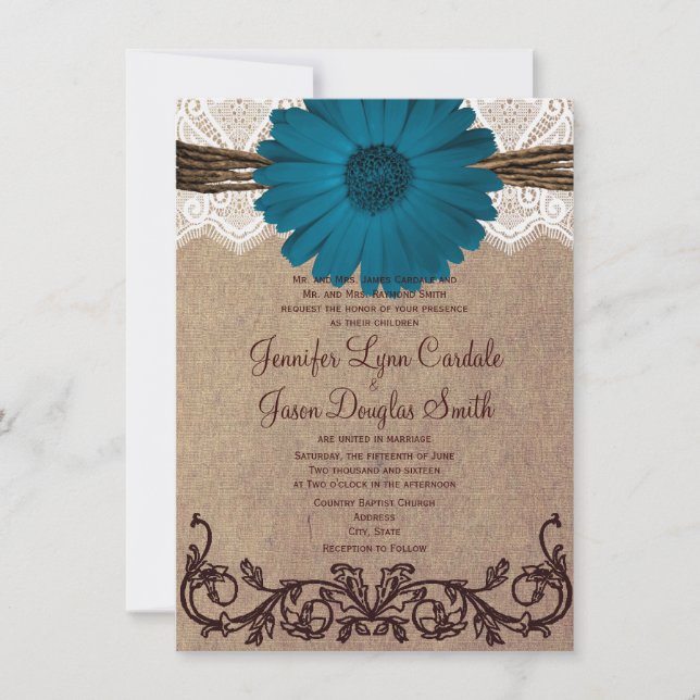 Rustic Blue Gerber Daisy Lace Wedding Invitation (Front)