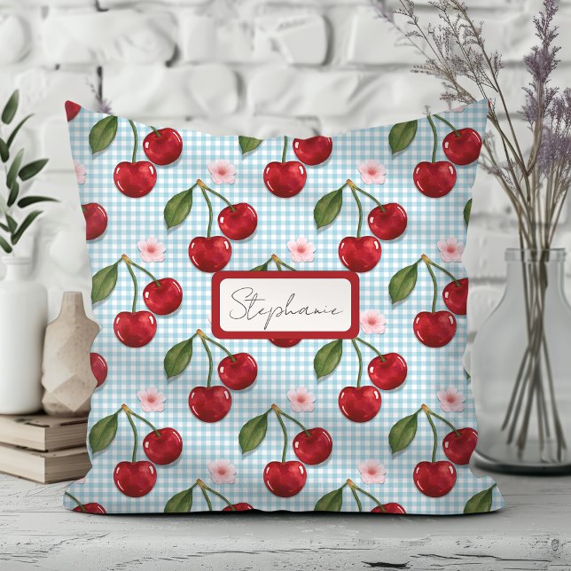 Rustic Blue Gingham And Cherries Monogram Cushion (Creator Uploaded)