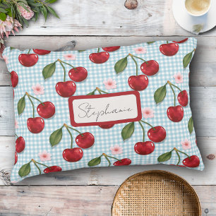 Rustic Blue Gingham And Cherries Monogram Decorative Cushion