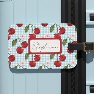 Rustic Blue Gingham And Cherries Monogram Luggage Tag