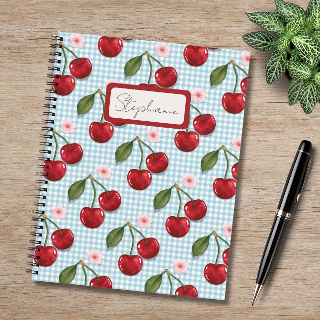 Rustic Blue Gingham And Cherries Monogram Notebook (Creator Uploaded)