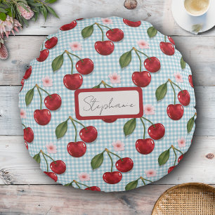 Rustic Blue Gingham And Cherries Monogram Round Cushion