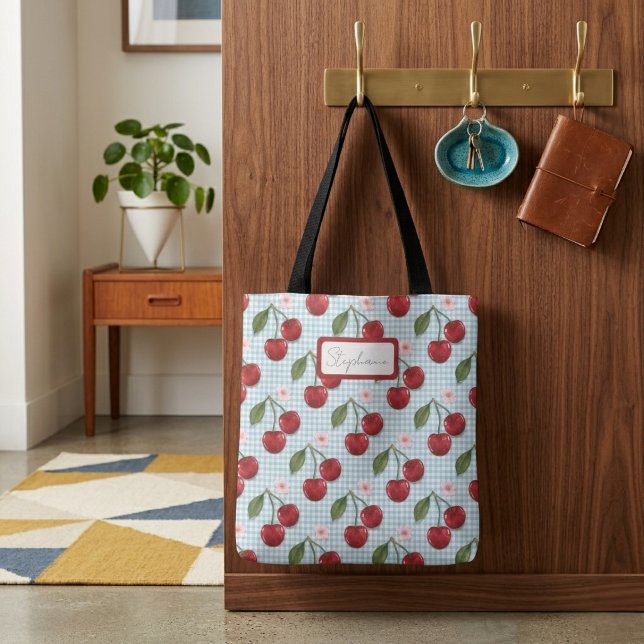 Rustic Blue Gingham And Cherries Monogram Tote Bag (Creator Uploaded)