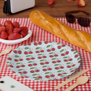 Rustic Blue Gingham And Cherries Paper Plate