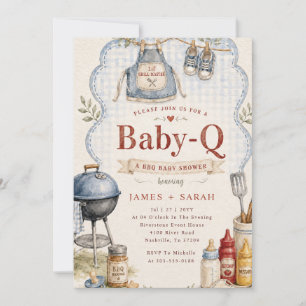 Rustic Blue Gingham Baby Q BBQ Baby Shower Invitation