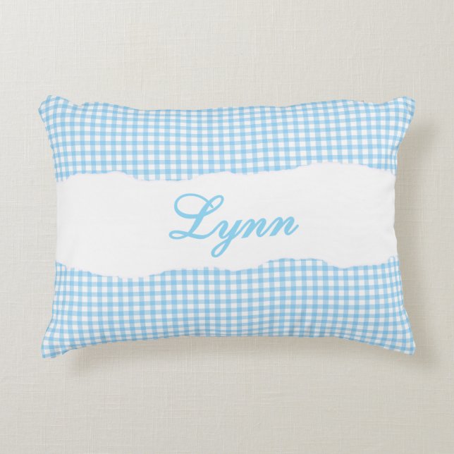 Rustic Blue Gingham Personalized Name Decorative Cushion (Front)