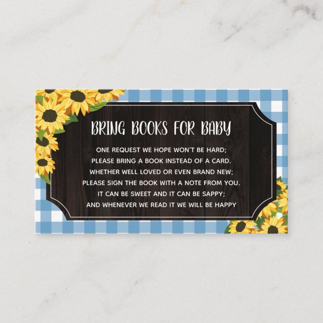 Rustic Blue Gingham & Sunflowers Books For Baby Enclosure Card (Front)