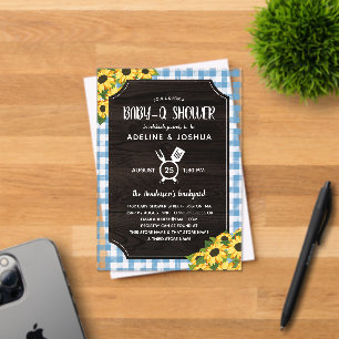 Rustic Blue Gingham Sunflowers Boy Baby-Q Shower Acrylic Invitations