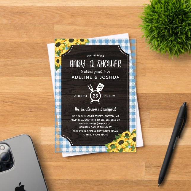 Rustic Blue Gingham Sunflowers Boy Baby-Q Shower Acrylic Invitations (Insitu (Invitation Card))
