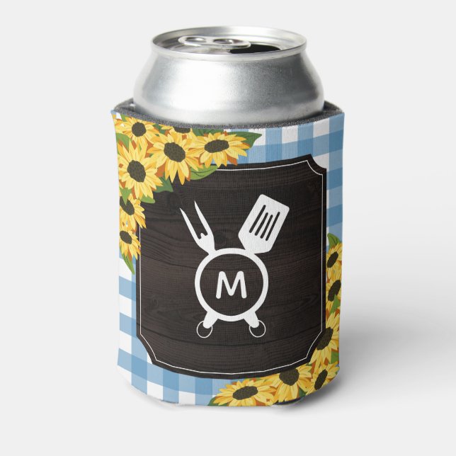 Rustic Blue Gingham Sunflowers Monogram  Can Cooler (Can Back)