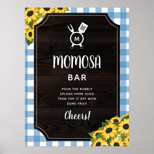 Rustic Blue Gingham Sunflowers Monogram Momosa Bar Poster (Front)