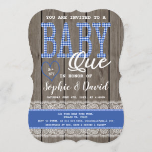 Rustic Blue Gingham Wood Boy Baby Shower BBQ Invitation