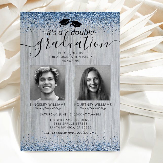 Rustic Blue Glitter Double Graduation Photo Invitation (Creator Uploaded)