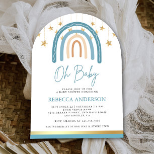 Rustic Blue Gold Boho Rainbow Arch Baby Shower Invitation