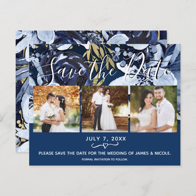 Rustic Blue & Gold Floral Photo Save the Date (Front/Back)