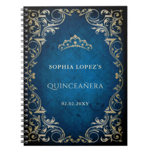 Rustic Blue Gold Princess Tiara Quinceanera  Notebook